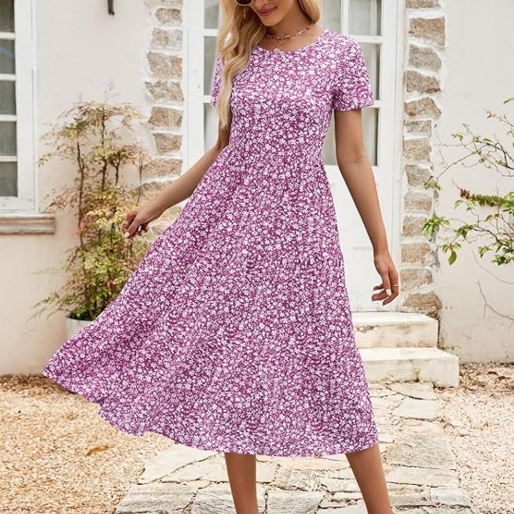 MEDIUM Spring Round Neck T Shirt Dress for Women Short Sleeve Midi Length Tiered